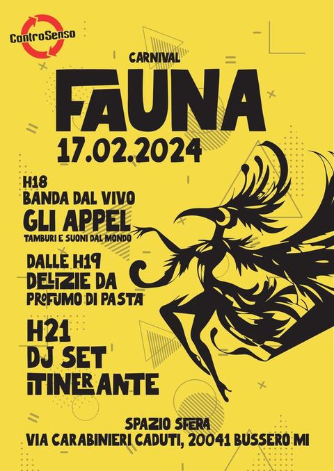 Flyer giallo di Fauna, festa di carnevale allo Spazio Sfera, febbraio 2024