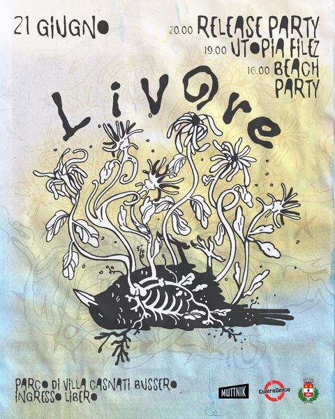 Flyer illustrato del release party dei Livore al parco, giugno 2026: un uccello a terra da cui germogliano fiori