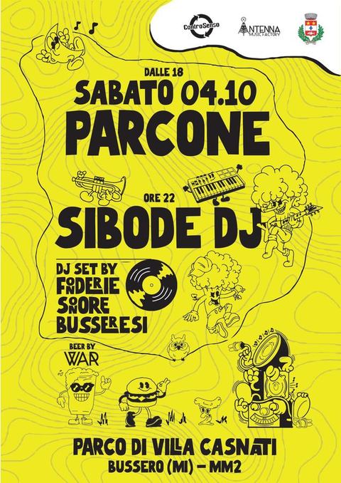 Flyer giallo di ParcOne con Sibode DJ