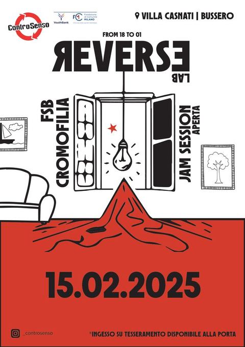 Flyer rosso e nero di Reverse Lab con lampadina e jam session aperta