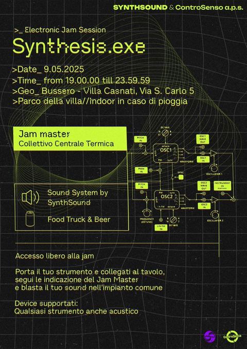Flyer verde in stile terminale di Synthesis.exe, jam elettronica, maggio 2025